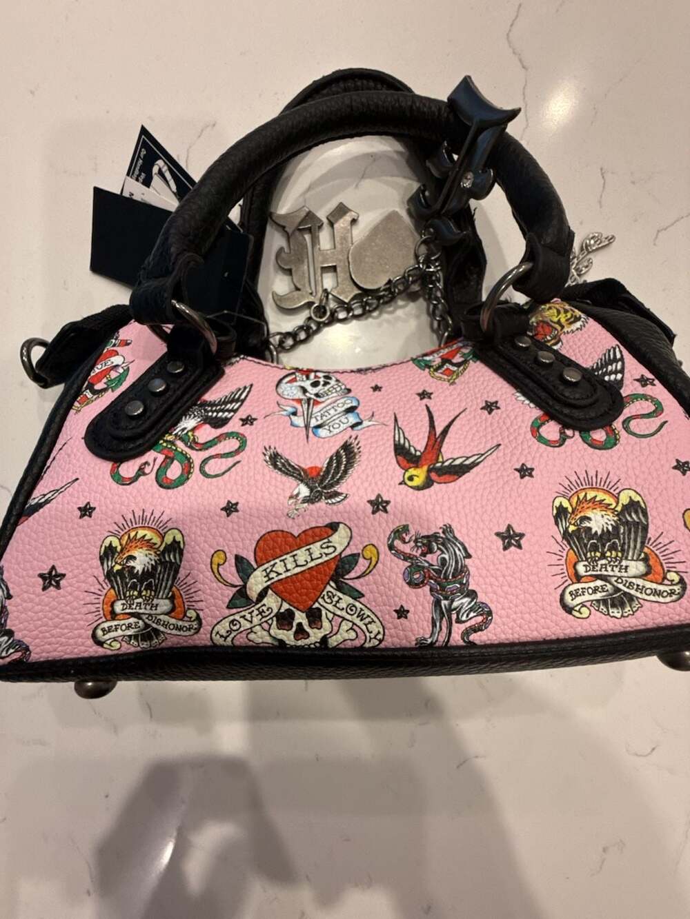 Ed Hardy Pink Tattoo Print Vegan Leather Studded Small Satchel Bag NWT - Picture 9 of 13